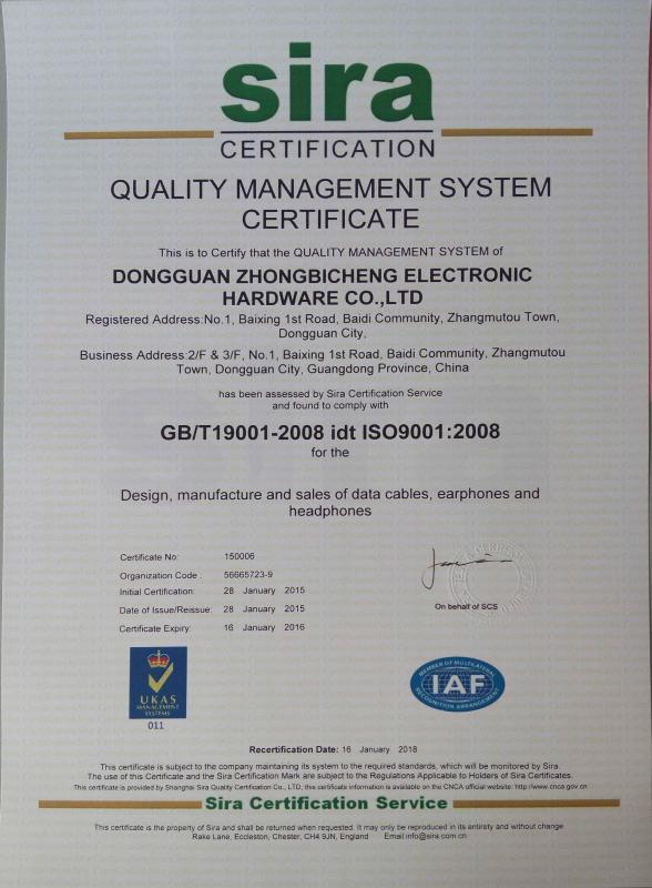 ISO certificaton - DongGuan ZhongBiCheng Electronic Co.,Ltd