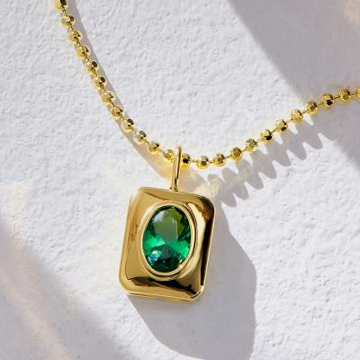 China Wholesale Jewelry Lead Free Nickel Free Vintage Square 925 Sterling Silver Gemstone Pendant Necklace Green Gold Plated Chain Necklace for sale