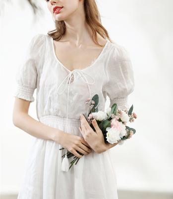 China Vintage Breathable Warm Bubble Canvas Short Sleeve Self Length Wedding Dress Mid Length Wedding Dress Ladies Dress For Party for sale