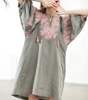 China Latest Designer Breathable Embroidery Dress Half Sheath Loose Fit Summer Casual Linen Dress For Women for sale