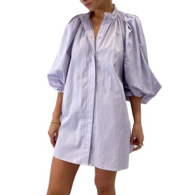 China Women's Anti-Static Breath Sleeve Casual Bubble Dress Cotton Button Down Shirt Dresses With Belted for sale