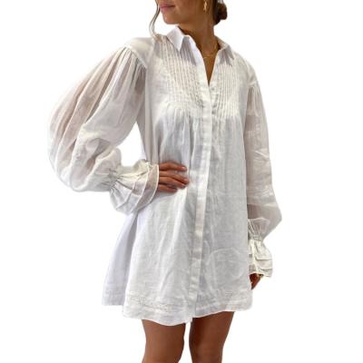 China Anti-Static Women's Casual Dress Puff Sleeve Boho Dress Canvas Pleated Button Down Shirt Dresses for sale