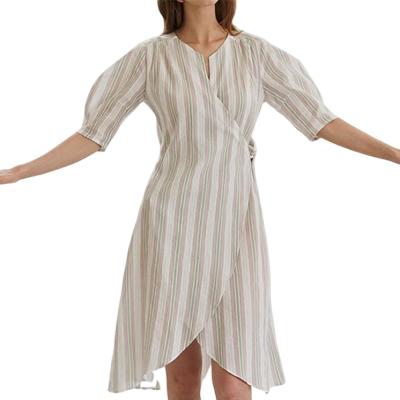 China Cotton Stripe Half Sleeve Women Casual Dress Anti-Static Organic Waist Asymmetrical Wrap Dress for sale