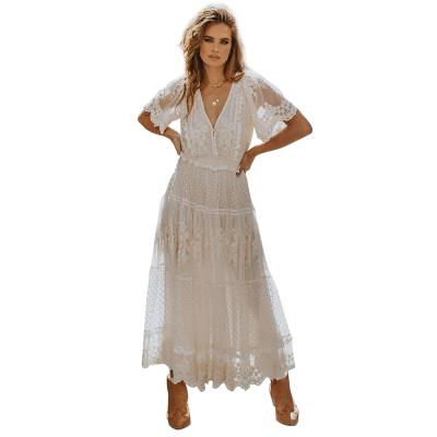 China Women's Anti-Static White Patchwork Sleeve V-neck Lace Summer Dress Short Casual Dress for sale