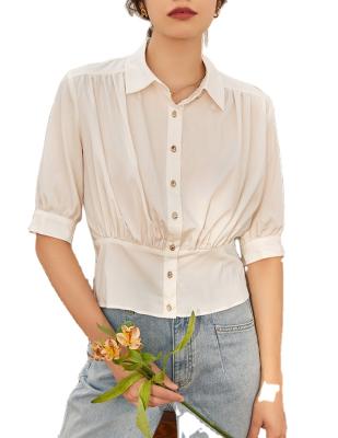 China Sample Sale Designs Women's Half Sleeve Front Button Down Warm V-Neck Blouse Female Top Shirt Blouse for sale