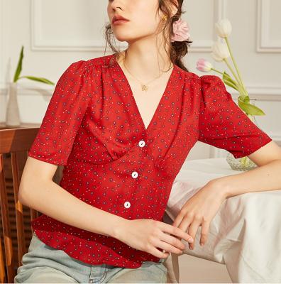 China Small Polka Dot Ladies Summer Short Sleeve V-Neckline Fashion Top Shirts Women Deep QUICK DRY Blouse Women for sale