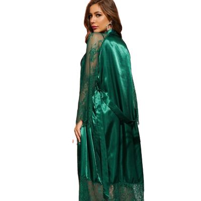 China Lace up long sheath robe women lingerie satin lace blouse nightgown transparent lingerie for sale