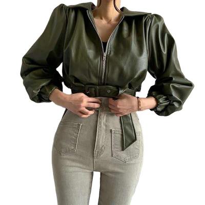 China Anti-Wrinkle Women's PU Casual Long Sleeve Drawstring Leather Jacket for sale