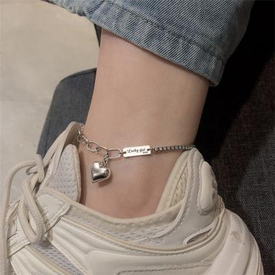 China Trendy Korean Cute Heart Love 925 Sterling Silver Long Anklet Female Love Student Pendant Ankle Chain for sale