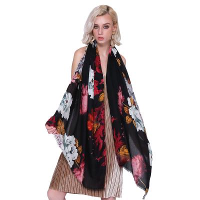 China Daily life satin peony pattern muslim women's scarf 2021 autumn and winter new cotton satin wholesale scarf and canvas scarf for sale