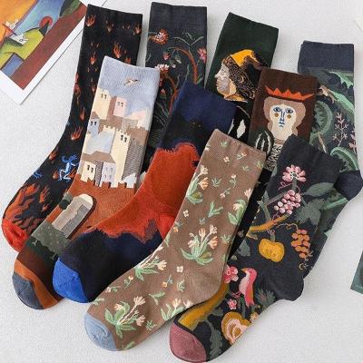 China Autumn and winter crew female French oil painting antibacterial socks bangs solid color cotton retro literary socks for sale