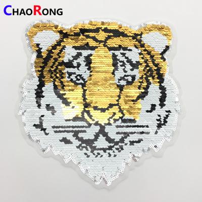 China CRN0359 hign quality durable tiger applique iron on reversible sequin patches for sale