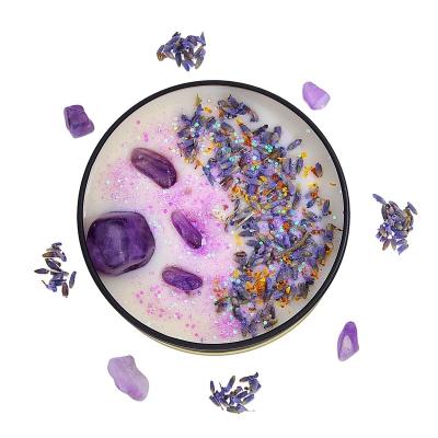 China Eco-Friendly Private Label Lavender Candle Crystal Soy Vegan Candle Home Handmade Fragrance Gifts With Black Jars for sale