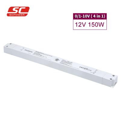 China UL listed 0-10V/1-10V (4 in 1) IP20 150W 100-277VAC 12V/24V linear dimmable LED driver 368*30*22.5mm (L*W*H) for sale