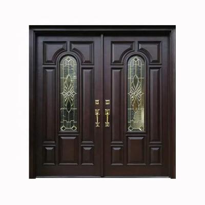 China Traditional Decorative Teak Panels Main Door Designs Double Arch Mahogany Glazed Red Wood French Doors for sale