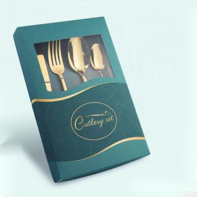 China Sustainable Dark Green Visualization Gift Box Glossy Golden Stainless Steel Cutlery Gift Set 4 Pcs for sale