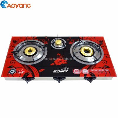 China Household Consumption Low Indian Style 3 Burner Gas Stove Portable Glass Top Range for sale