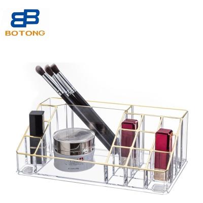 China Viable Acrylic Cosmetic Golden Edge Rim Organizer Countertop Vanity Stand Jewelry Storage Box Lipstick Holder PS Makeup Organizer for sale