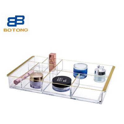 China Multi-Use Makeup Organizer Countertop Display Box Acrylic Case Vanity Standable Gold PS Rim Edge Organizer Cosmetic Jewelry Storage Box for sale