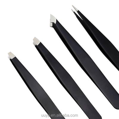 China Slant Tip Stainless Steel Eyebrow Tweezers With 25 Degree Slanted Black Tip Comb Private Label Custom Set Of 4 Slanted Professional Eyebrow Tweezers for sale