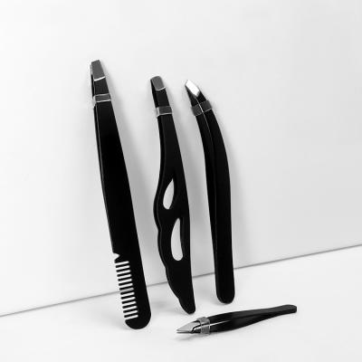 China Hot Selling Professional Black Slanted Stainless Steel Eyebrow Tweezers Sets for sale