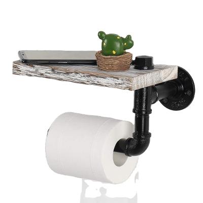 China Modern Pipe Toilet Paper Holder - Wall Mounted Tissue Holder for Bathroom, Washroom with Rustic Wood Shelf and Cast Iron Pipe for sale