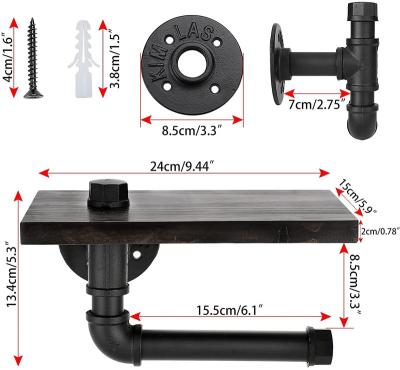 China New Modern Tower Rack Wall Paper Rack, Industrial Toilet Paper Holder With Wooden Shelf, Wrought Iron Pipe Tissue Rack For Bathroom for sale