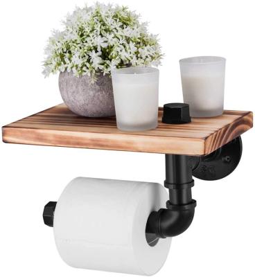 China Modern Bathroom Pipe Stainless Steel Roll Paper Holder Toilet Paper Holder With Antique Wooden Shelf And Cast Iron Pipe Hardware for sale