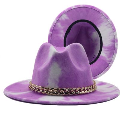 China 2021 Wholesale High Quality Plush Wide Brim Wool Faux Felt Fedora Hats For Party Jazz Panama Hats Women Men Chain Belt Buckle Tie Dye for sale