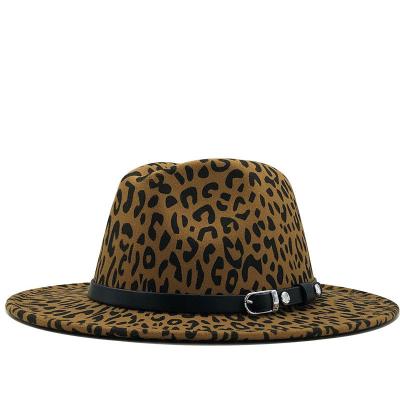 China Plush Fashion Leopard Wool Felt Music Festival Party Cowboy Hats Men Women Fedora Hats With Leather Belt Buckle Brim Wide Panama Hats for sale