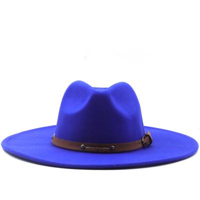 China Wholesale Fashion Plush Vintage Wide Brim Party Hats Felt Fedora Panama Hats For Women Men Dress Belt Buckle Church Fedora Hats for sale