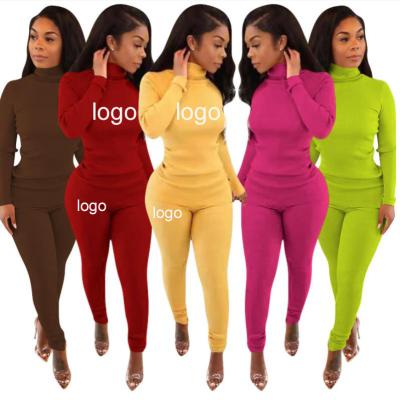 China Dropshipping Best Seller Candy Color QUICK DRY Rib Knit Casual Two Piece Sets Fall Turtle Neck Long Sleeve T Shirt Women Knit Two Piece Set for sale