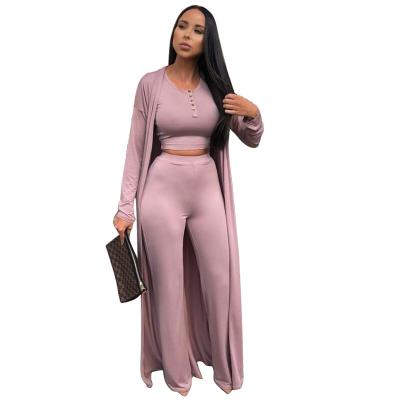 China Anti-Wrinkle Women Flare Pants 3 Piece Set Drop Clothing Solid Crop Tops Long Coats Wide Leg Pants Ladies Casual Stylish Outfits K9962 for sale