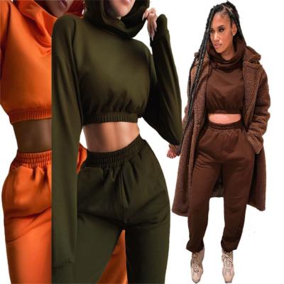 China Anti-pilling ready to ship 2021 autumn new style fashion solid color fashion two-piece set women's hooded casual long pants for sale