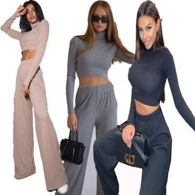 China Anti-pilling ready to ship 2021 fashion casual long sleeve high leg pants solid color women's wide two-piece set clothing for sale