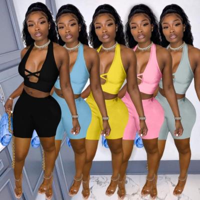 China Anti-pilling 2021 new 2 piece shorts pants outfit women's stretchy two-piece set clothing solid two-piece short set for sale