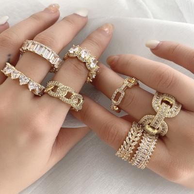 China CLASSIC Men Jewelry Hip Hop 18k Gold Plated Iced Out Diamond Cuban Baguette Cubic Zirconia Ring Link Chain Crystal Rings for sale