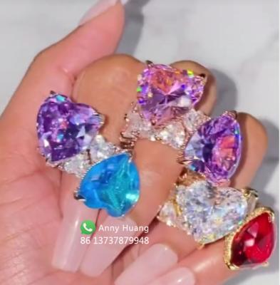 China Iced Out CLASSIC Luxury Bling Silver Hip Hop Jewelry CZ Heart Diamond Ring Big Rose Gold Purple Blue Red Engagement Wedding Promise Ring for sale