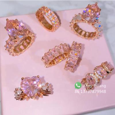 China Women CLASSIC Zircon Heart Ring Baguette Eternity Band Pear Cut Ice Pink Diamond Ring for sale