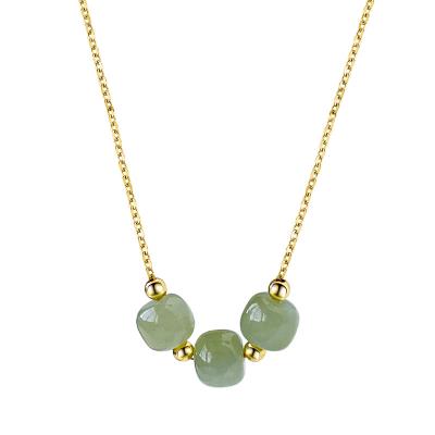 China Wholesale Jade Pendant Necklace Retro Gold Plated 925 Sterling Silver Green Jade Beads Necklace For Women for sale