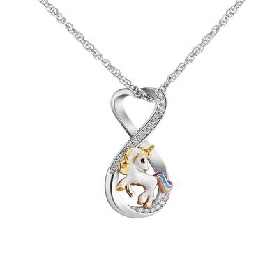 China Cute Zircon Necklace Animal Pendant Style 2021 New Pave Infinity Cartoon Unicorn Necklace For Women for sale