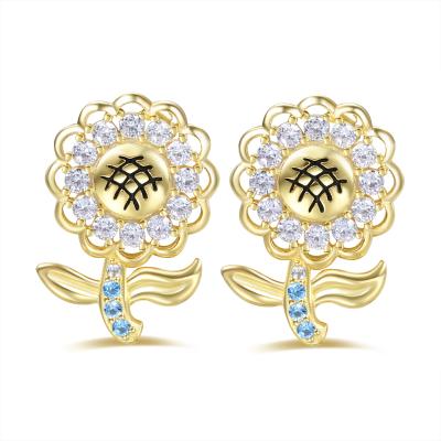 China TRENDY Minimalist 18k Gold Plated 925 Sterling Silver Full Zircon Enamel Sunflower Stud Earrings For Women for sale