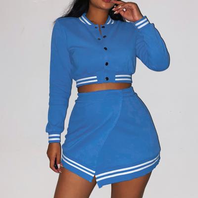 China Anti-static fashion clothes 2021 cotton long sleeve jacket crop tops and skirts women two piece set baseball skirt two piece set for sale