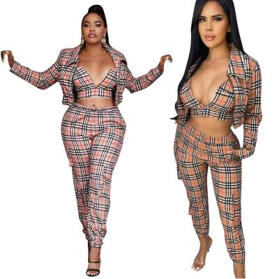 China 2021 QUICK DRY New Style Three Piece Set Women Clothing Plaid Printing Casual Women's Sets Fashion Sexy Slim Suit for sale