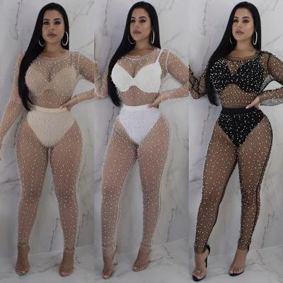 China QUICK DRY 2 Piece Set Women Summer Long Sleeve Fitness Clubwear Sexy See Through Tulle Pearl Costume for sale