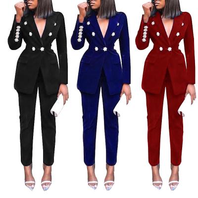 China 2021 New Autumn New Women's Clothing Breathable V-Neck Long Sleeve Solid Casual Ladies Two Piece Pants Set Women Jacket Women Suits And Tuxedo Blazer for sale