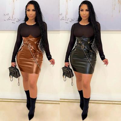 China 2021 Fashion Breathable Autumn Winter Plus Size Women's Dresses Club Wear Long Sheath Net Yarn Quilting PU Leather Dress for sale