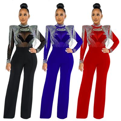 China 2021 fashion high collar QUICK DRY rhinestone tassel elegant hot jumpsuit high collar perspective sexy casual slim overalls for sale