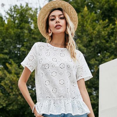 China Lady Summer Spring Sweet Anti-Wrinkle Casual Women's Crew Neck Cavity Solid Short T-Shirt for sale