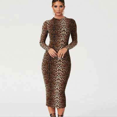 China 2021 Autumn Breathable Women Clothes Sexy Midi Ladies Club Dresses Leopard Print Round Neck Long Sleeves Tight Dress for sale